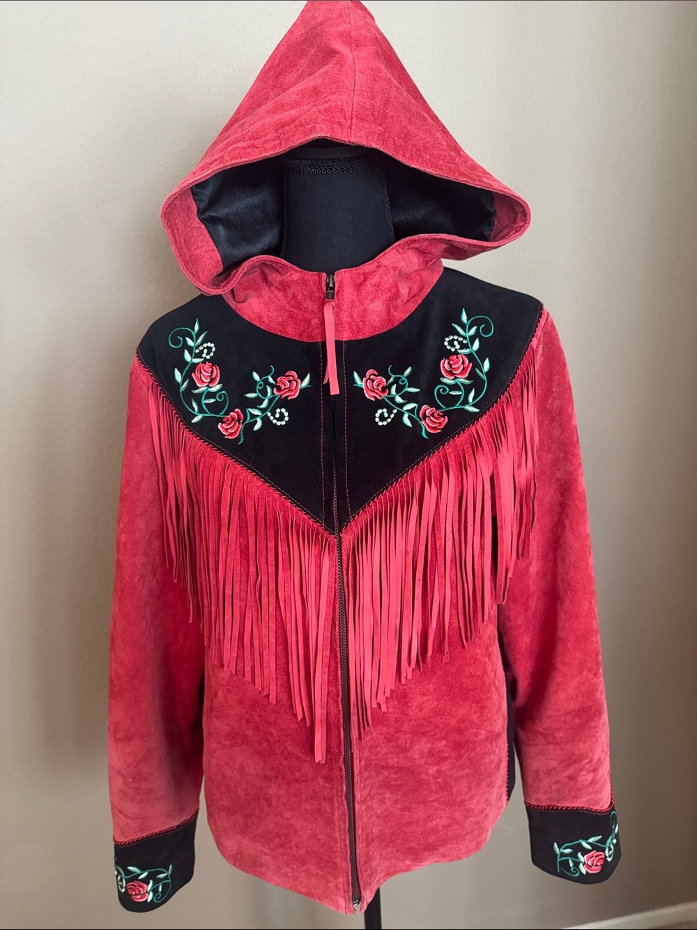 Scully Red Genuine Leather Jacket with Floral Embroidery and Fringe